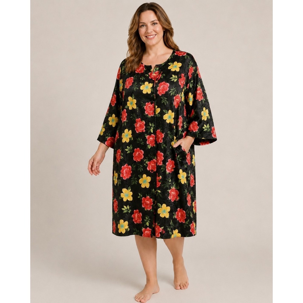 Simply Basic Floral Kimono Robe Duster Black Red Yellow‎ Button Front